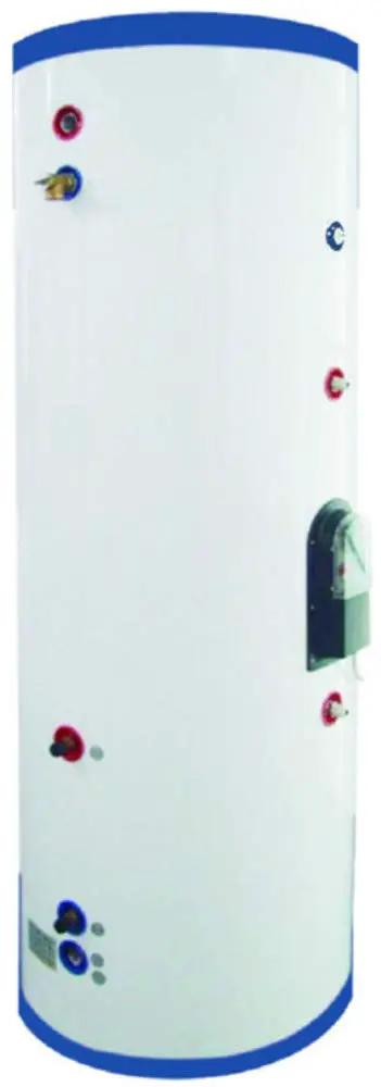 Heavy Duty 1000 Liter Active Split Solar Water Heater With Dual Coil Stainless Steel Tank and 120 Evacuated Vacuum Tubes For Serious Hot Water Needs SRCC Certified, side view of white tank.