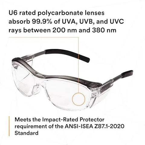 Safety Glasses With Built In Readers Plus 2.0 Diopter For Reading And Eye Protection ANSI Z87 Clear Lens Gray Frame