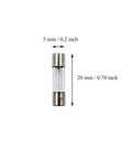 10 Pack F5AL Fast Blow Glass Fuses 5A 125V 5x20mm 0.78 x 0.2 Inch Clear Glass Tubes For Electronics shown with size dimensions