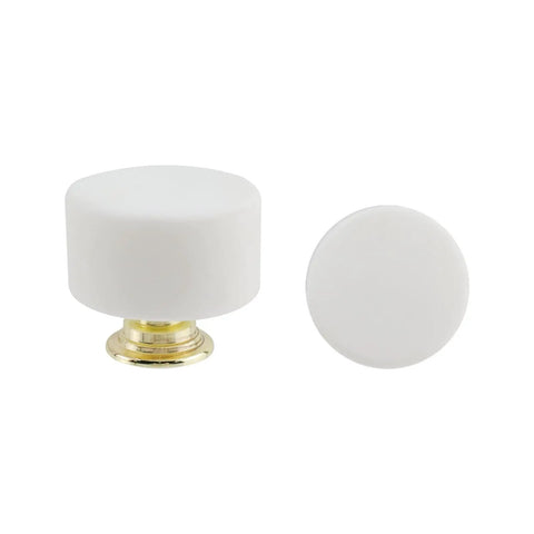 Premium Genuine White Marble Cabinet Knobs, Set Of Five Round Drawer Pulls For Dresser Or Kitchen Vanity With Sleek Brushed Metal Base, Killer Aesthetic Home Revival Kit Includes Dead Simple Mounting Hardware For Smooth Installation, displaying two round white marble knobs.