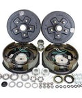Front view of Southwest Wheel 3,500 lb trailer axle electric brake kit; two brake drums and hardware.
