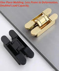 Heavy Duty Silent Pivot Hinge With Soft Close Concealed Hardware For Wood And Folding Doors In Silver, showing gold and black hinges on metal surface.