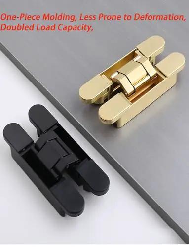 Heavy Duty Silent Pivot Hinge With Soft Close Concealed Hardware For Wood And Folding Doors In Silver, showing gold and black hinges on metal surface.