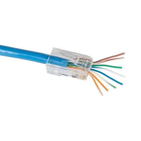 Close-up of Modular Data Plug For CAT6A And Thicker CAT6 Cables, No Fuss Fast Pass Thru Install, showing inserted blue cable and wires