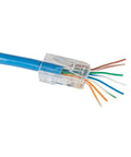 Close-up of RJ45 Ethernet Cable Tester And Crimper Kit With Pass Thru Technology, showing cable and connector for data runs.