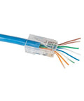 Pro Grade Data Cable Crimper And Pass Through CAT6 Modular Plug Kit 50 Pack Tool Set For Fast Ethernet Installations Easy Pass Through Assembly Tools 2 Piece Kit showing a blue CAT6 cable with exposed wires and transparent RJ45 plug.