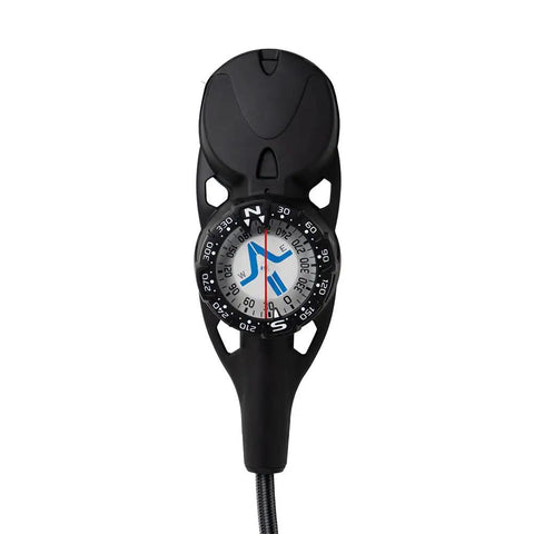 Three Gauge Analog Dive Console with Compass, Depth and Pressure Gauges, Braided Hose, Glowing Gauge Face, Nonlinear Depth Scale