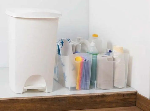 Slick 12 Quart Clear Storage Bins With Built In Carry Handles Narrow Rectangular Organizer Containers For Pantry Closet Cabinet Shelf And Home Organization Straight Up Durable Two Pack filled with cleaning supplies.
