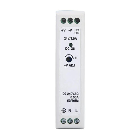 DIN Rail Power Supply 24W 24V 1A Industrial Grade With Full Range 85-264VAC Input For Automation Control Systems Durable Rugged Overload Protected And Plug And Play Mounting, front view