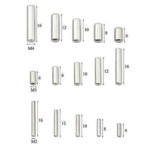 Assorted stainless steel dowel pins in various sizes, part of the 225 Pcs M2 M3 M4 Stainless Steel Dowel Pins Assortment Kit With Storage Box.