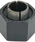 Close-up of a metal nut from Router Collet And Nut Set With Reducer Sleeves 6 Piece Kit Includes 1/4 Inch 1/2 Inch And 12 mm Collets 1/2-3/8 Reducer 12.7-6Mm And 12.7-8Mm Adapters Built For DIYers And Pros Fits Popular Router Models