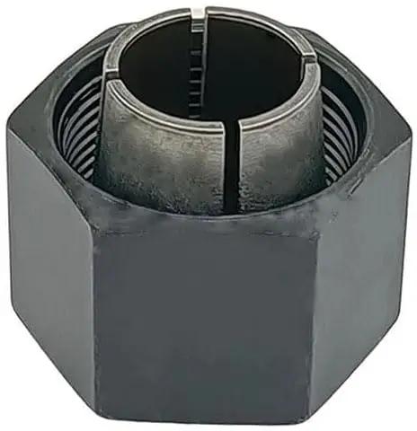 Close-up of a metal nut from Router Collet And Nut Set With Reducer Sleeves 6 Piece Kit Includes 1/4 Inch 1/2 Inch And 12 mm Collets 1/2-3/8 Reducer 12.7-6Mm And 12.7-8Mm Adapters Built For DIYers And Pros Fits Popular Router Models