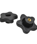Five Pack 1/4 20 Thread 5 Star Thru Design Knobs No Sweat Tool Free Adjustments Rock Solid Handle Grip Smooth Operation for Jigs and Featherboard Woodshop Projects - Black plastic knobs.