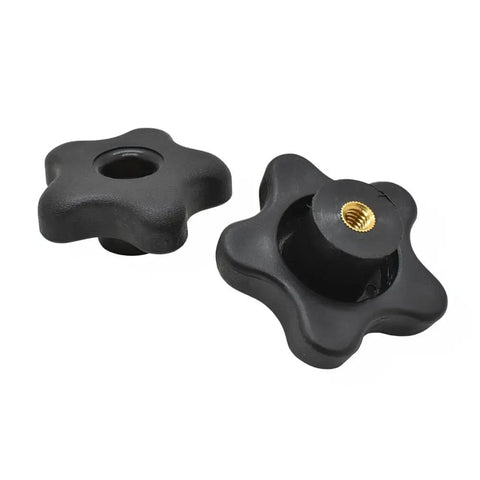 Five Pack 1/4 20 Thread 5 Star Thru Design Knobs No Sweat Tool Free Adjustments Rock Solid Handle Grip Smooth Operation for Jigs and Featherboard Woodshop Projects - Black plastic knobs.