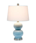 Cool Stacked Stone Double Gourd Ceramic Lamp In Light Blue With White Fabric Shade And Chrome Accents Harp And Finial Style