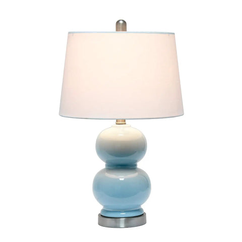 Cool Stacked Stone Double Gourd Ceramic Lamp In Light Blue With White Fabric Shade And Chrome Accents Harp And Finial Style