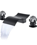 Widespread Matte Black Bathroom Sink Faucet With Crystal Knobs, Two Handles, Wide Waterfall Spout, 8 Inch Deck Mount Vanity Faucet, 3 Hole Basin Mixer Tap Includes Hose, Modern Luxury Bath Fixture