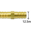 Close-up of brass hose splicer showing 12.5mm size from Three Pack 1/2 Inch Brass Hose Barb Splicer Mender Kit With Six Stainless Steel Pipe Clamps For Water Fuel And Air Lines Durable Quick Repair Fittings For DIY Projects And Home Or Vehicle Setups Easy Install.