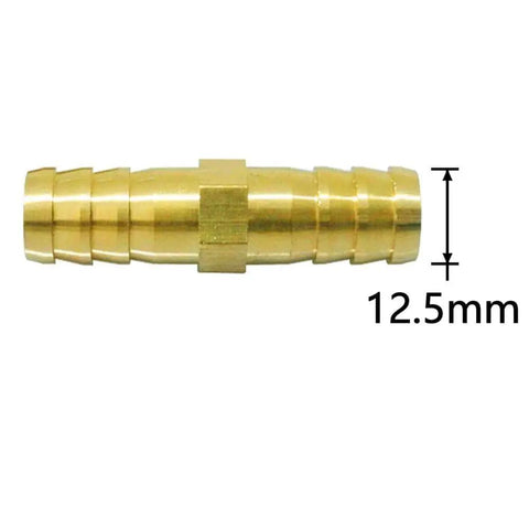 Close-up of brass hose splicer showing 12.5mm size from Three Pack 1/2 Inch Brass Hose Barb Splicer Mender Kit With Six Stainless Steel Pipe Clamps For Water Fuel And Air Lines Durable Quick Repair Fittings For DIY Projects And Home Or Vehicle Setups Easy Install.