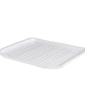 Small White Plastic Dish Drain Board For Countertop Drying Compact 14.3 By 15.3 Inch Drip Tray shown flat on surface