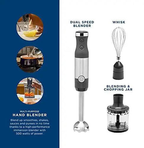 No Sweat 500 Watt Stainless Steel Immersion Blender With Removable Whisk And Spout Blending Jar For Thick Smoothies Quick Purees And Bold Homemade Sauces Dual Speed Hand Blender Kit displayed with whisk and chopping jar.