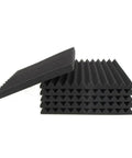 Built Tough Acoustic Foam Panels 6 Pack Soundproof Wedge Tiles stacked, high density black foam for sound deadening in studios.