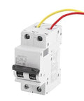 Two Pole 250V DC Miniature Circuit Breaker for solar PV and grid systems, DIN rail mount, 63A quick trip, with wires shown