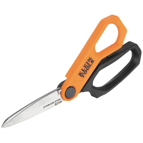 Klein Tools B2109 heavy-duty scissors with orange handle and black grip, stainless steel blades, 9-inch