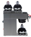 Side view of Automatic Commercial Coffee Brewer With Three Warmers And Back Up Pourover Plumbed Water Line SplashGard Funnel Hot Water Faucet All Stainless Steel Designed And Assembled In The USA Decanters Not Included