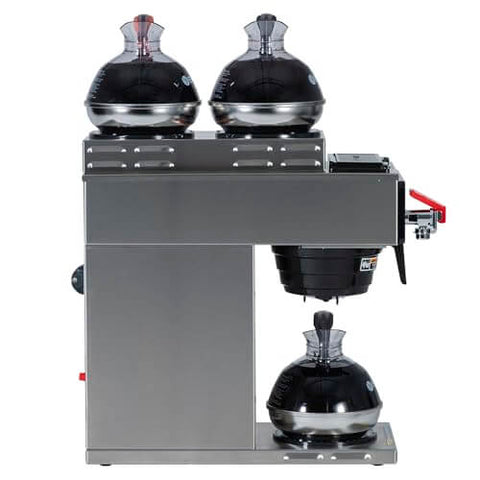 Side view of Automatic Commercial Coffee Brewer With Three Warmers And Back Up Pourover Plumbed Water Line SplashGard Funnel Hot Water Faucet All Stainless Steel Designed And Assembled In The USA Decanters Not Included