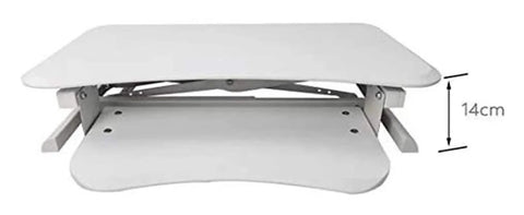 Stylish White Standing Desk Converter With Smooth Gas Spring Lift For Laptop Or Monitor, top view showing compact design and lift mechanism.