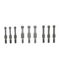 Bearing Puller Set Red Steel Collet 21 Piece for Automotive Maintenance, close-up of collet rods lined up on white background.