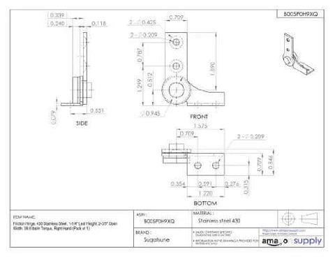 Technical drawing of Friction Hinge in 430 Stainless Steel for Cabinets and Doors, 1.25 in leaf height, 2.375 in open width, side and front view.