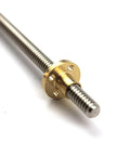 Close-up of 8mm T8 lead screw with 1mm pitch and brass nut, trapezoidal stainless steel, for 3D printers, easy install.