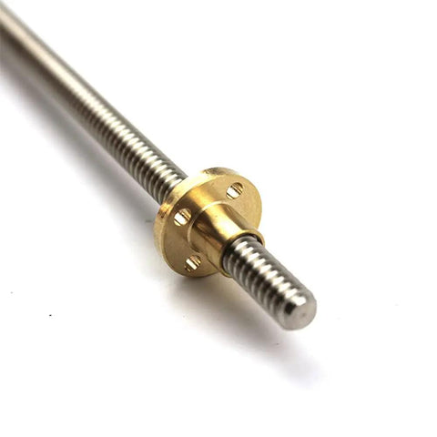 Close-up of 8mm T8 lead screw with 1mm pitch and brass nut, trapezoidal stainless steel, for 3D printers, easy install.