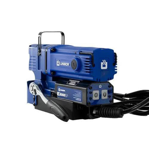Unibor low-profile magnetic drill press E5000LP, blue body with magnetic base and power cord