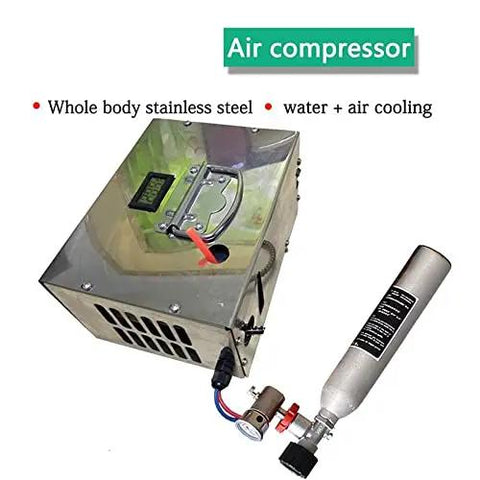 Heavy Duty Electric Submersible Pump With Slick Portable Compressor And Inflatable Air Gun For Hella Efficient Water Transfer And No Sweat Pool Filling With 2 Liter Capacity And Easy Access Oil Gauge, featuring stainless steel air compressor.