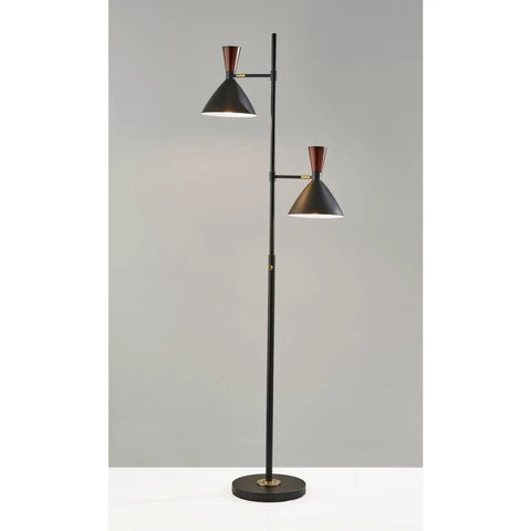 Arlo Tree Floor Lamp With Dual Shades, 67.25 Inch Tall, 2 x 60W Max, Black Finish, Modern Mid Century Style standing on white surface