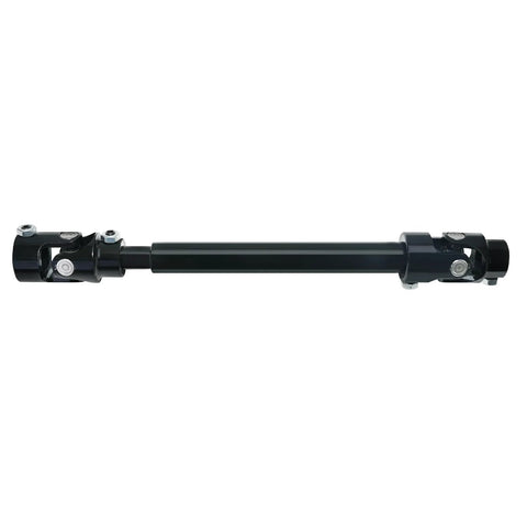 Steering shaft, black steel with universal joints at both ends, side view.