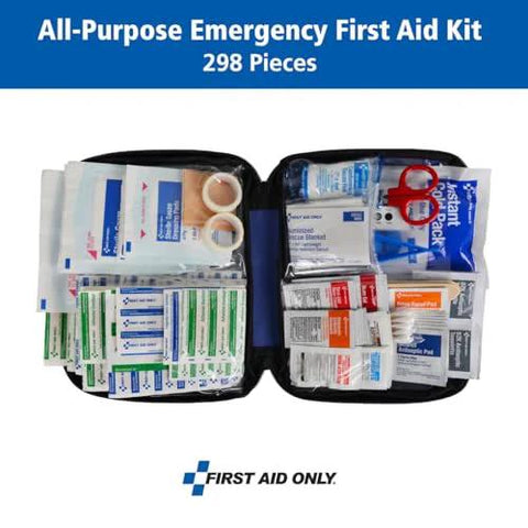 Front view of a black zippered First Aid Only 298-piece all-purpose emergency first aid kit with contents