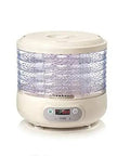 Pro Level Electric Food Dehydrator Featuring Hella Slick Digital Controls And Five Spacious Trays For Dishing Out Savory Jerky Juicy Dried Fruits And Crisp Garden Veggies Daily in beige color with transparent trays.