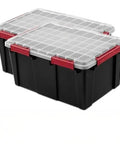 Two Pack Heavy Duty Plastic Storage Bins Thirteen Point Five Gallon Gasket Totes With Airtight Silicone Seals Rock Solid For Garage Basement Or Attic black containers with red latches and clear lids.