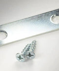 Tough Zinc Plated Steel Mending Plates Four Inch By One Inch Heavy Duty Wood Repair Brackets with screws for furniture repairs.