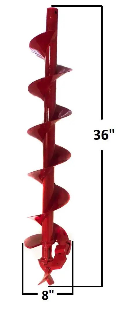 8 Inch Post Hole Auger Bit With Power Head Attachment For Gas Post Hole Digger Great For Digging Electric Fence Posts Signs And Planting Through Tough Dirt And Rock Made In The USA, showing full length and diameter.