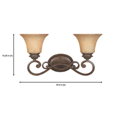 Double Scrolled 2-Light Vanity Light In Forged Sienna With Warm Amber Glass Damp Rated Bathroom Fixture Steel Construction Rustic Modern Style For Hallways Or Powder Rooms