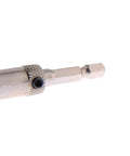 Close-up of HSS self-centering hinge tapper drill bit with 1/4in hex shank and knurled collar