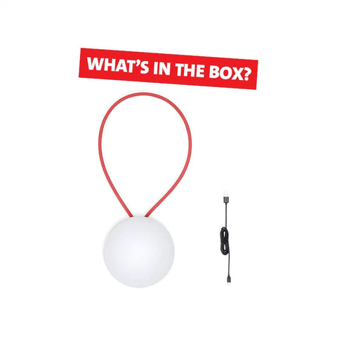 Bolleke Indoor Outdoor LED Lantern Cordless Battery Powered Portable Lamp with USB cable, white ball shape, red handle, taupe color