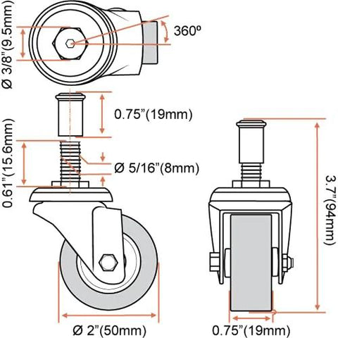 Heavy Duty 2 Inch Swivel Caster Wheels Set Six Pack For Creeper Service Cart And Stool Post Mount Threaded Post Diagram