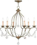 Chesterfield 6 Light Crystal Chandelier In Antique Gold Leaf Finish, showcasing sparkling crystal droplets, 25" dia, 26" height.
