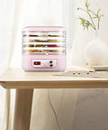 Smooth Operator Electric Food Dehydrator Machine With Five Adjustable Trays And Digital Timer on wooden table with dried fruits.